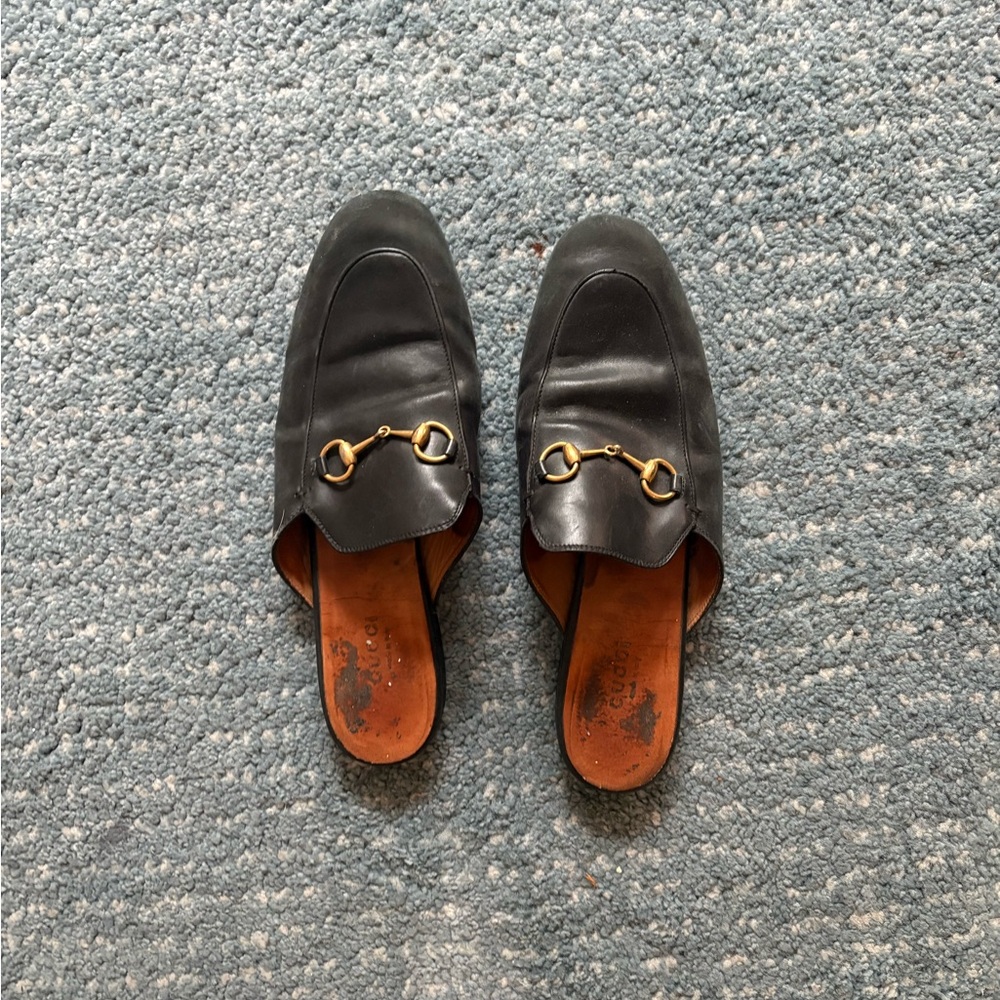 Black Leather Loafers with Gold Buckle